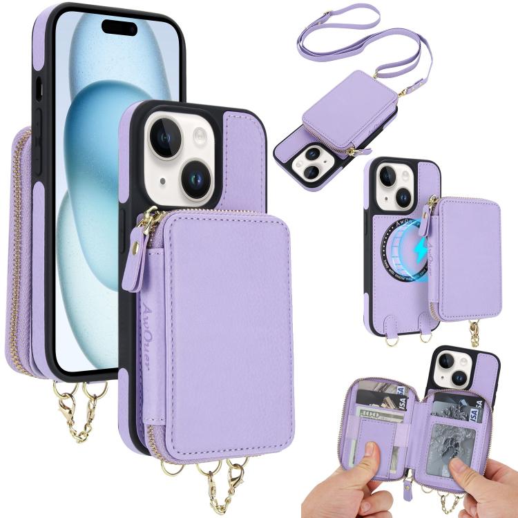 Cartera bandolera 2 en 1 con cremallera y funda trasera de cuero para teléfono AwQuer, For iPhone 16 Plus, For iPhone 16, For iPhone 15 Pro Max, For iPhone 15 Pro, For iPhone 15 Plus, For iPhone 15