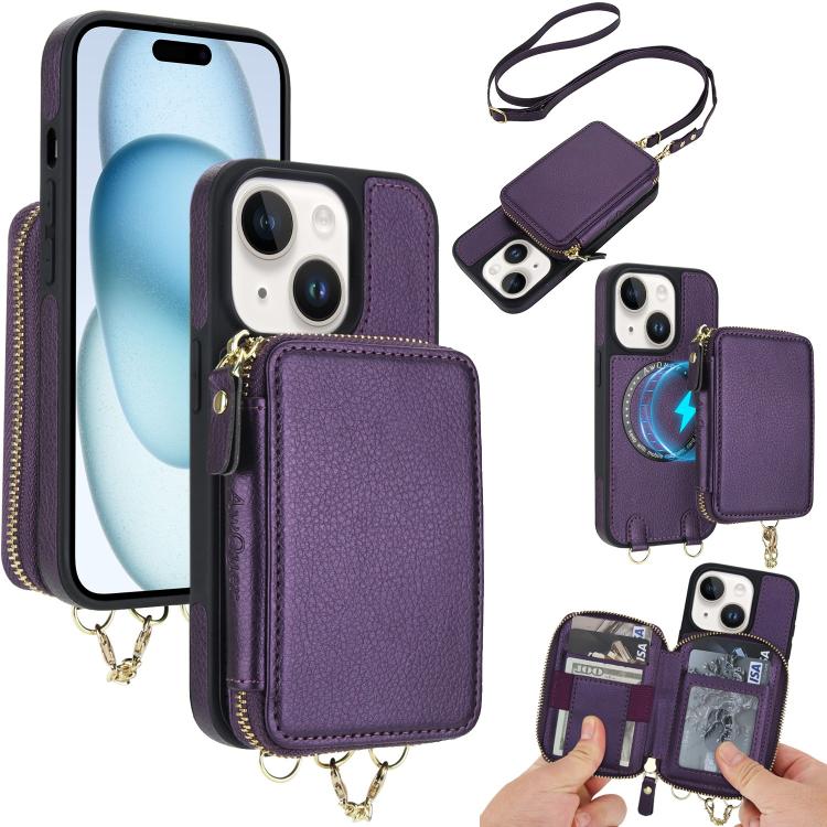 Cartera bandolera 2 en 1 con cremallera y funda trasera de cuero para teléfono AwQuer, For iPhone 16 Plus, For iPhone 16, For iPhone 15 Pro Max, For iPhone 15 Pro, For iPhone 15 Plus, For iPhone 15