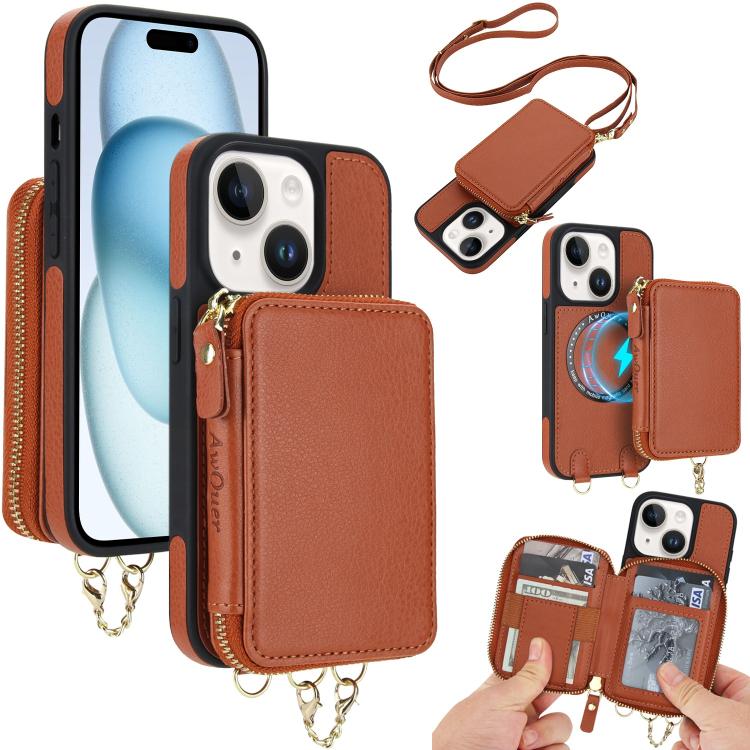 Cartera bandolera 2 en 1 con cremallera y funda trasera de cuero para teléfono AwQuer, For iPhone 16 Plus, For iPhone 16, For iPhone 15 Pro Max, For iPhone 15 Pro, For iPhone 15 Plus, For iPhone 15