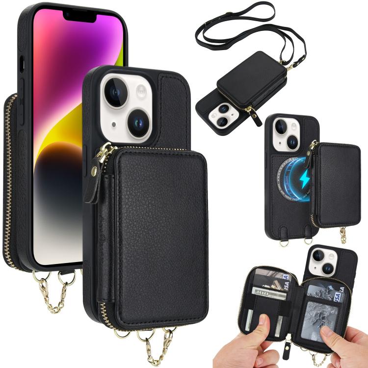 Cartera bandolera 2 en 1 con cremallera y funda trasera de cuero para teléfono AwQuer, For iPhone 14 Plus, For iPhone 14 / 13, For iPhone 14 Pro, For iPhone 14 Pro Max, For iPhone 13 Pro Max, For iPhone 13 Pro