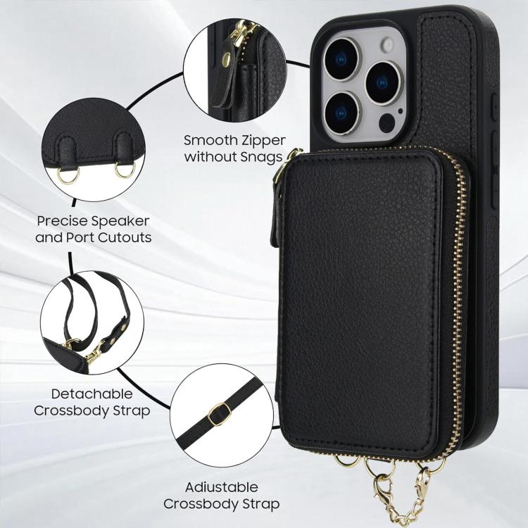 Cartera bandolera 2 en 1 con cremallera y funda trasera de cuero para teléfono AwQuer, For iPhone 14 Plus, For iPhone 14 / 13, For iPhone 14 Pro, For iPhone 14 Pro Max, For iPhone 13 Pro Max, For iPhone 13 Pro
