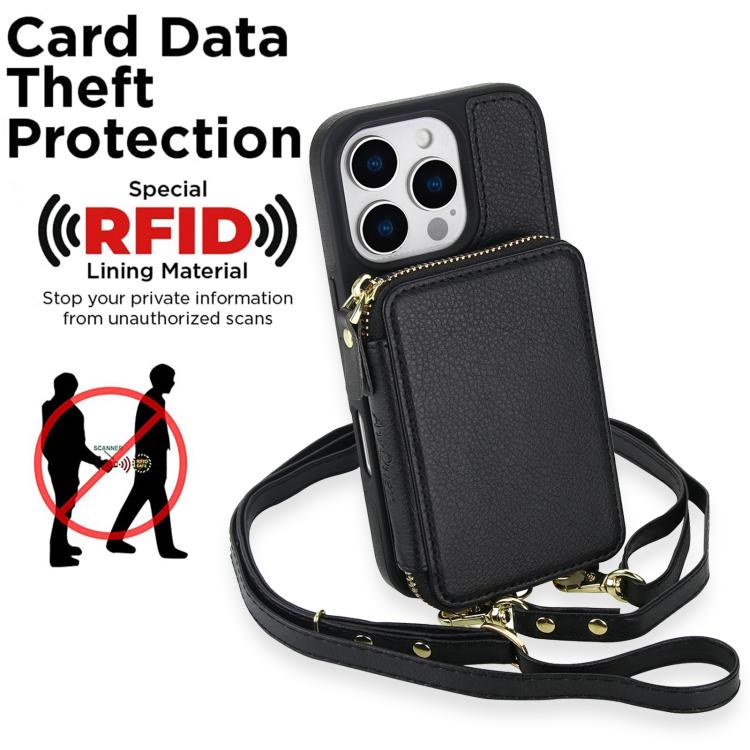 Cartera bandolera 2 en 1 con cremallera y funda trasera de cuero para teléfono AwQuer, For iPhone 14 Plus, For iPhone 14 / 13, For iPhone 14 Pro, For iPhone 14 Pro Max, For iPhone 13 Pro Max, For iPhone 13 Pro