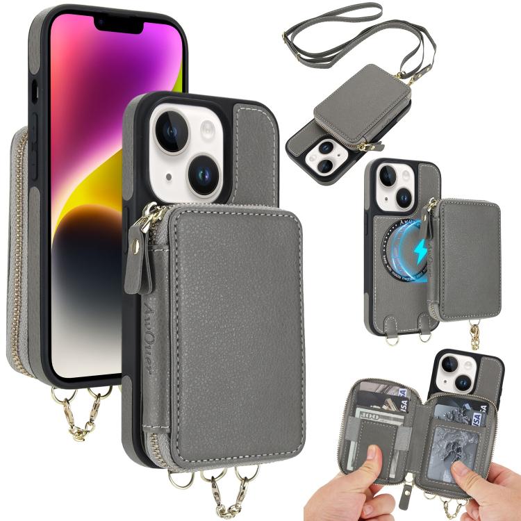 Cartera bandolera 2 en 1 con cremallera y funda trasera de cuero para teléfono AwQuer, For iPhone 14 Plus, For iPhone 14 / 13, For iPhone 14 Pro, For iPhone 14 Pro Max, For iPhone 13 Pro Max, For iPhone 13 Pro
