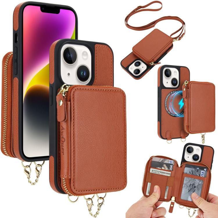 Cartera bandolera 2 en 1 con cremallera y funda trasera de cuero para teléfono AwQuer, For iPhone 14 Plus, For iPhone 14 / 13, For iPhone 14 Pro, For iPhone 14 Pro Max, For iPhone 13 Pro Max, For iPhone 13 Pro