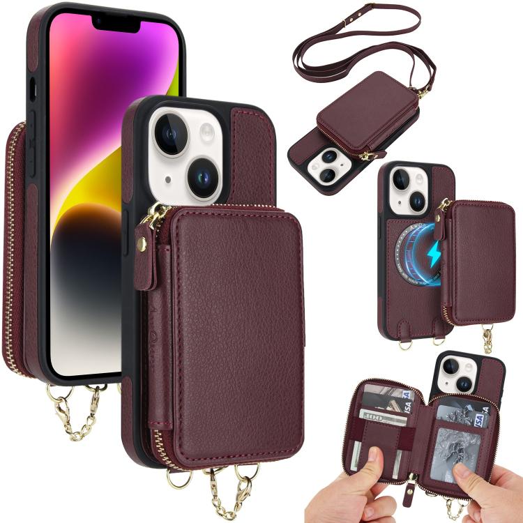 Cartera bandolera 2 en 1 con cremallera y funda trasera de cuero para teléfono AwQuer, For iPhone 14 Plus, For iPhone 14 / 13, For iPhone 14 Pro, For iPhone 14 Pro Max, For iPhone 13 Pro Max, For iPhone 13 Pro