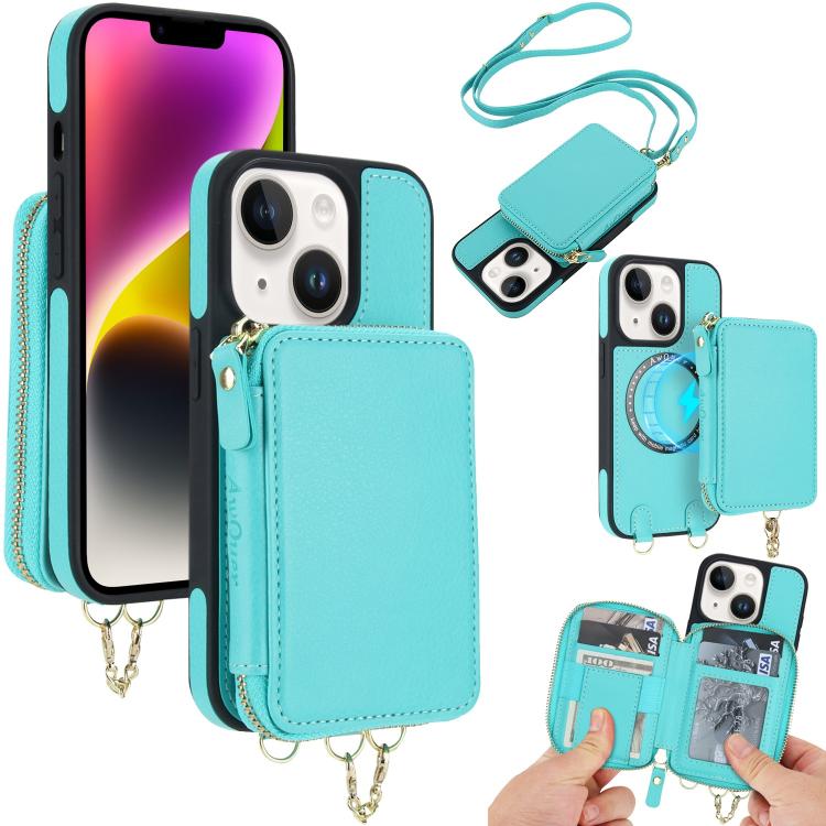 Cartera bandolera 2 en 1 con cremallera y funda trasera de cuero para teléfono AwQuer, For iPhone 14 Plus, For iPhone 14 / 13, For iPhone 14 Pro, For iPhone 14 Pro Max, For iPhone 13 Pro Max, For iPhone 13 Pro