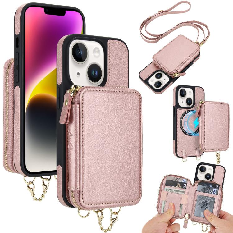 Cartera bandolera 2 en 1 con cremallera y funda trasera de cuero para teléfono AwQuer, For iPhone 14 Plus, For iPhone 14 / 13, For iPhone 14 Pro, For iPhone 14 Pro Max, For iPhone 13 Pro Max, For iPhone 13 Pro
