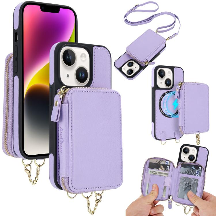 Cartera bandolera 2 en 1 con cremallera y funda trasera de cuero para teléfono AwQuer, For iPhone 14 Plus, For iPhone 14 / 13, For iPhone 14 Pro, For iPhone 14 Pro Max, For iPhone 13 Pro Max, For iPhone 13 Pro