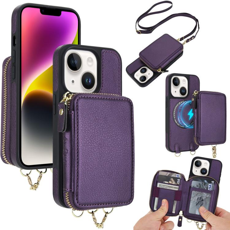 Cartera bandolera 2 en 1 con cremallera y funda trasera de cuero para teléfono AwQuer, For iPhone 14 Plus, For iPhone 14 / 13, For iPhone 14 Pro, For iPhone 14 Pro Max, For iPhone 13 Pro Max, For iPhone 13 Pro