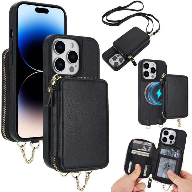 Cartera bandolera 2 en 1 con cremallera y funda trasera de cuero para teléfono AwQuer, For iPhone 14 Plus, For iPhone 14 / 13, For iPhone 14 Pro, For iPhone 14 Pro Max, For iPhone 13 Pro Max, For iPhone 13 Pro