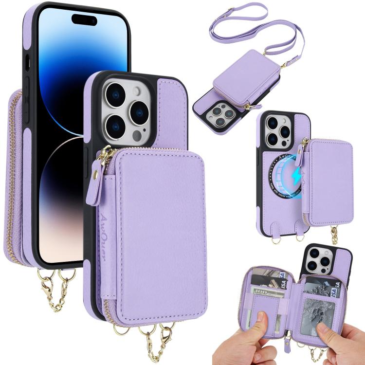 Cartera bandolera 2 en 1 con cremallera y funda trasera de cuero para teléfono AwQuer, For iPhone 14 Plus, For iPhone 14 / 13, For iPhone 14 Pro, For iPhone 14 Pro Max, For iPhone 13 Pro Max, For iPhone 13 Pro