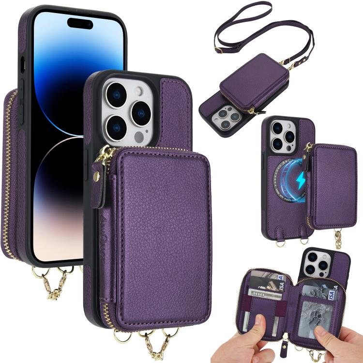 Cartera bandolera 2 en 1 con cremallera y funda trasera de cuero para teléfono AwQuer, For iPhone 14 Plus, For iPhone 14 / 13, For iPhone 14 Pro, For iPhone 14 Pro Max, For iPhone 13 Pro Max, For iPhone 13 Pro