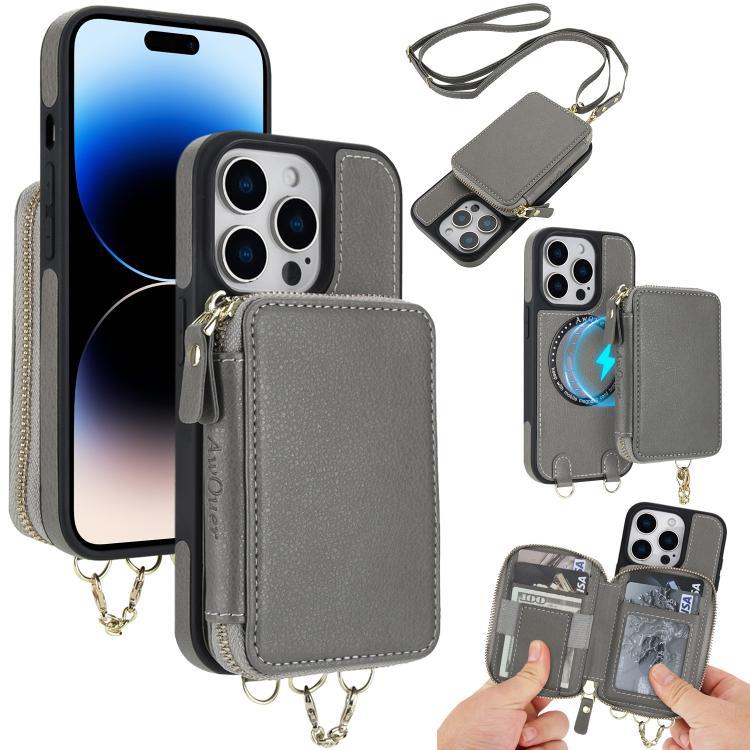 Cartera bandolera 2 en 1 con cremallera y funda trasera de cuero para teléfono AwQuer, For iPhone 14 Plus, For iPhone 14 / 13, For iPhone 14 Pro, For iPhone 14 Pro Max, For iPhone 13 Pro Max, For iPhone 13 Pro