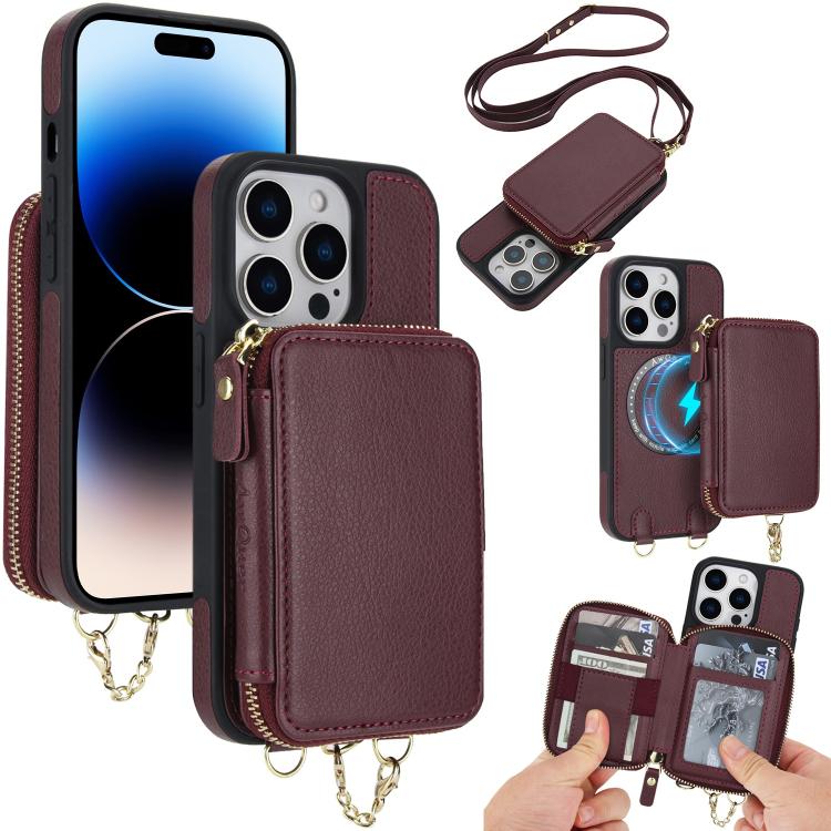 Cartera bandolera 2 en 1 con cremallera y funda trasera de cuero para teléfono AwQuer, For iPhone 14 Plus, For iPhone 14 / 13, For iPhone 14 Pro, For iPhone 14 Pro Max, For iPhone 13 Pro Max, For iPhone 13 Pro
