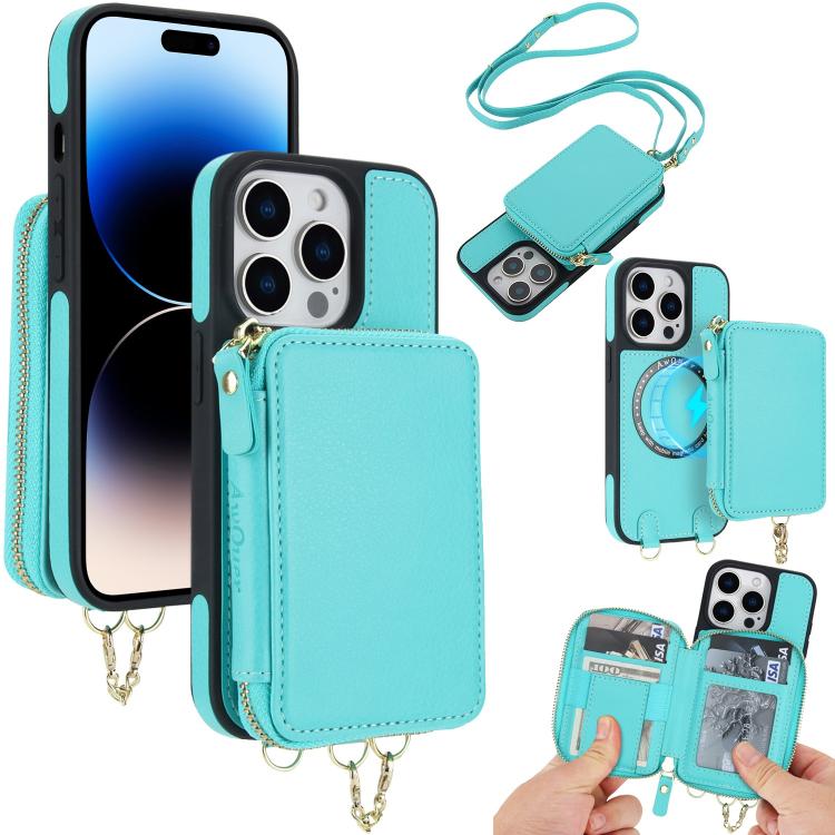 Cartera bandolera 2 en 1 con cremallera y funda trasera de cuero para teléfono AwQuer, For iPhone 14 Plus, For iPhone 14 / 13, For iPhone 14 Pro, For iPhone 14 Pro Max, For iPhone 13 Pro Max, For iPhone 13 Pro
