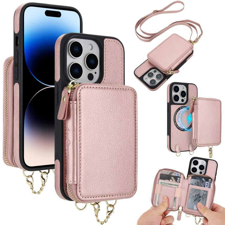 Cartera bandolera 2 en 1 con cremallera y funda trasera de cuero para teléfono AwQuer, For iPhone 14 Plus, For iPhone 14 / 13, For iPhone 14 Pro, For iPhone 14 Pro Max, For iPhone 13 Pro Max, For iPhone 13 Pro
