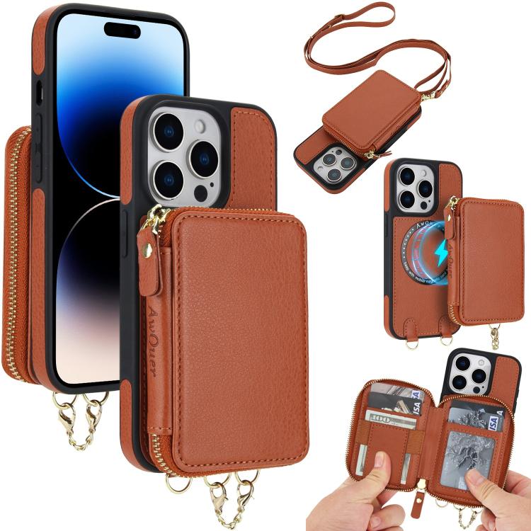 Cartera bandolera 2 en 1 con cremallera y funda trasera de cuero para teléfono AwQuer, For iPhone 14 Plus, For iPhone 14 / 13, For iPhone 14 Pro, For iPhone 14 Pro Max, For iPhone 13 Pro Max, For iPhone 13 Pro