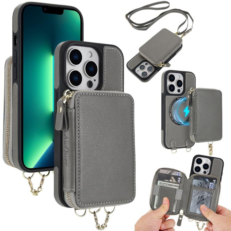 Cartera bandolera 2 en 1 con cremallera y funda trasera de cuero para teléfono AwQuer, For iPhone 14 Plus, For iPhone 14 / 13, For iPhone 14 Pro, For iPhone 14 Pro Max, For iPhone 13 Pro Max, For iPhone 13 Pro
