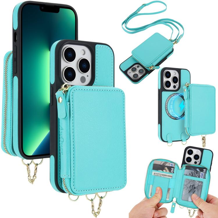 Cartera bandolera 2 en 1 con cremallera y funda trasera de cuero para teléfono AwQuer, For iPhone 14 Plus, For iPhone 14 / 13, For iPhone 14 Pro, For iPhone 14 Pro Max, For iPhone 13 Pro Max, For iPhone 13 Pro