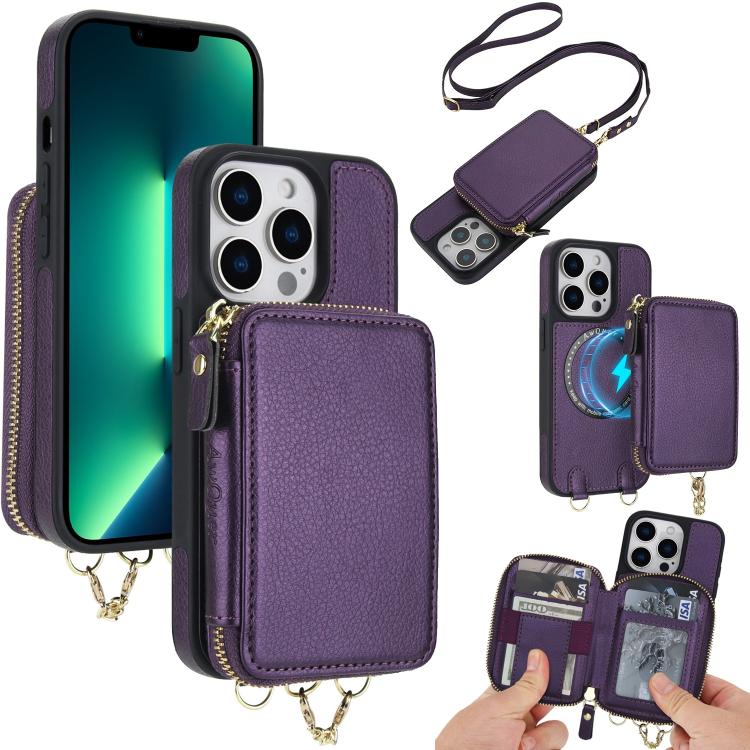 Cartera bandolera 2 en 1 con cremallera y funda trasera de cuero para teléfono AwQuer, For iPhone 14 Plus, For iPhone 14 / 13, For iPhone 14 Pro, For iPhone 14 Pro Max, For iPhone 13 Pro Max, For iPhone 13 Pro