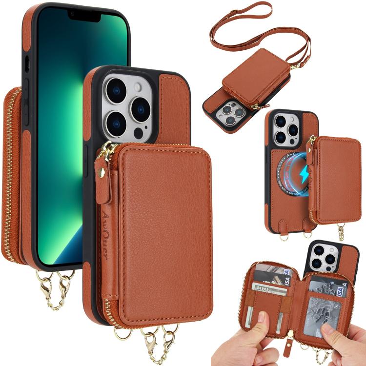 Cartera bandolera 2 en 1 con cremallera y funda trasera de cuero para teléfono AwQuer, For iPhone 14 Plus, For iPhone 14 / 13, For iPhone 14 Pro, For iPhone 14 Pro Max, For iPhone 13 Pro Max, For iPhone 13 Pro