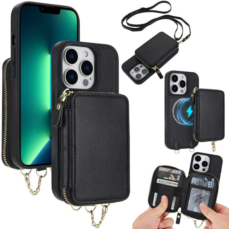 Cartera bandolera 2 en 1 con cremallera y funda trasera de cuero para teléfono AwQuer, For iPhone 14 Plus, For iPhone 14 / 13, For iPhone 14 Pro, For iPhone 14 Pro Max, For iPhone 13 Pro Max, For iPhone 13 Pro