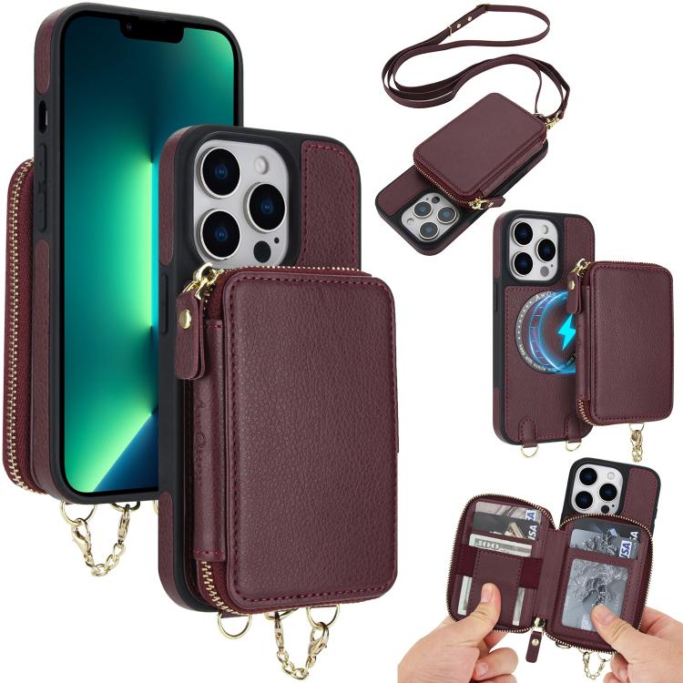 Cartera bandolera 2 en 1 con cremallera y funda trasera de cuero para teléfono AwQuer, For iPhone 14 Plus, For iPhone 14 / 13, For iPhone 14 Pro, For iPhone 14 Pro Max, For iPhone 13 Pro Max, For iPhone 13 Pro