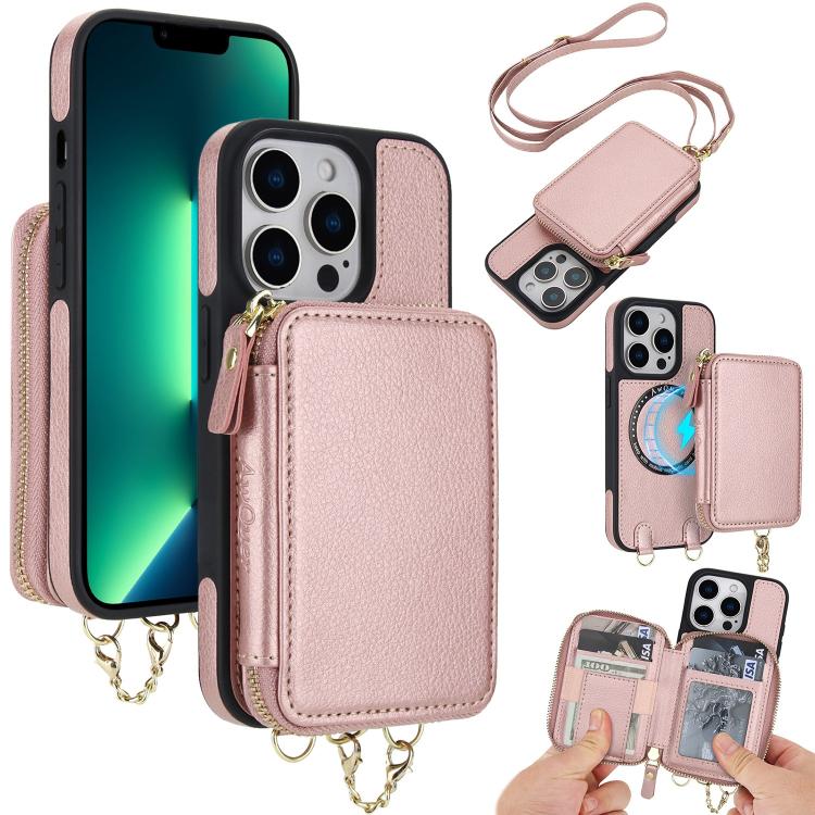 Cartera bandolera 2 en 1 con cremallera y funda trasera de cuero para teléfono AwQuer, For iPhone 14 Plus, For iPhone 14 / 13, For iPhone 14 Pro, For iPhone 14 Pro Max, For iPhone 13 Pro Max, For iPhone 13 Pro