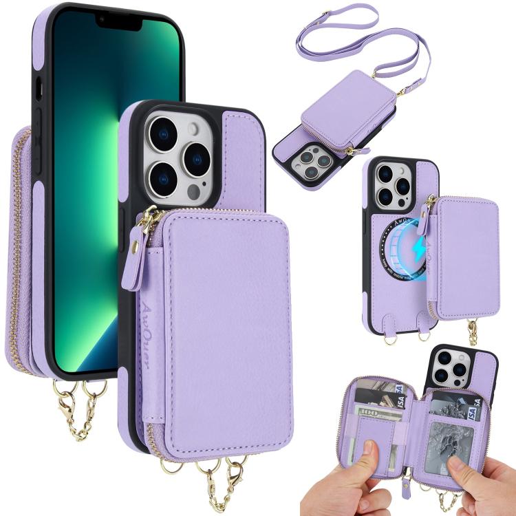 Cartera bandolera 2 en 1 con cremallera y funda trasera de cuero para teléfono AwQuer, For iPhone 14 Plus, For iPhone 14 / 13, For iPhone 14 Pro, For iPhone 14 Pro Max, For iPhone 13 Pro Max, For iPhone 13 Pro