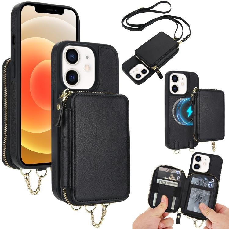 Cartera bandolera 2 en 1 con cremallera y funda trasera de cuero para teléfono AwQuer, For iPhone 12 / 12 Pro, For iPhone 12 Pro Max