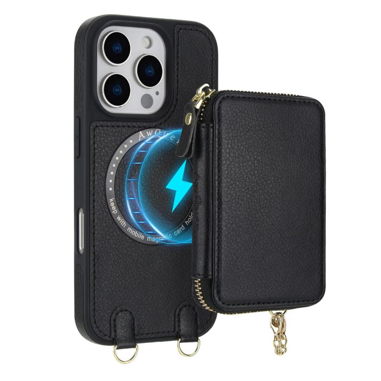 Cartera bandolera 2 en 1 con cremallera y funda trasera de cuero para teléfono AwQuer, For iPhone 12 / 12 Pro, For iPhone 12 Pro Max
