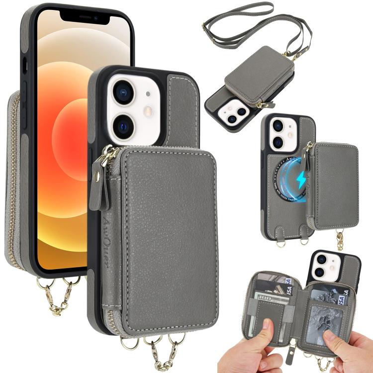 Cartera bandolera 2 en 1 con cremallera y funda trasera de cuero para teléfono AwQuer, For iPhone 12 / 12 Pro, For iPhone 12 Pro Max