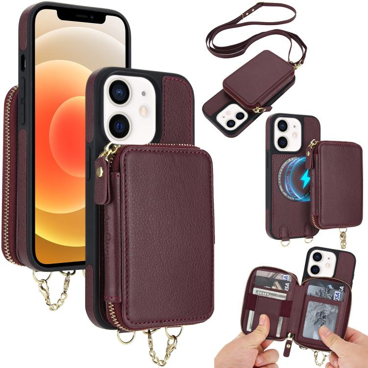 Cartera bandolera 2 en 1 con cremallera y funda trasera de cuero para teléfono AwQuer, For iPhone 12 / 12 Pro, For iPhone 12 Pro Max