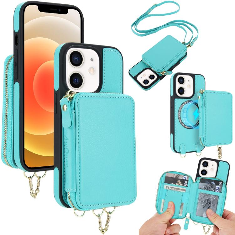 Cartera bandolera 2 en 1 con cremallera y funda trasera de cuero para teléfono AwQuer, For iPhone 12 / 12 Pro, For iPhone 12 Pro Max