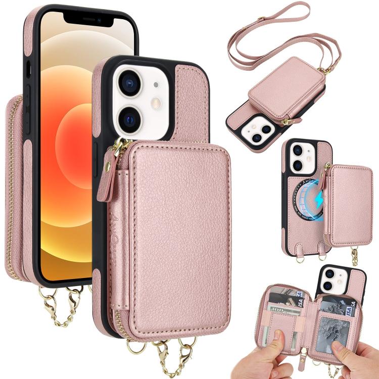 Cartera bandolera 2 en 1 con cremallera y funda trasera de cuero para teléfono AwQuer, For iPhone 12 / 12 Pro, For iPhone 12 Pro Max