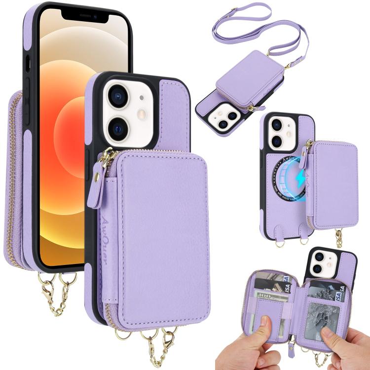 Cartera bandolera 2 en 1 con cremallera y funda trasera de cuero para teléfono AwQuer, For iPhone 12 / 12 Pro, For iPhone 12 Pro Max