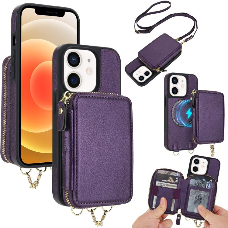 Cartera bandolera 2 en 1 con cremallera y funda trasera de cuero para teléfono AwQuer, For iPhone 12 / 12 Pro, For iPhone 12 Pro Max