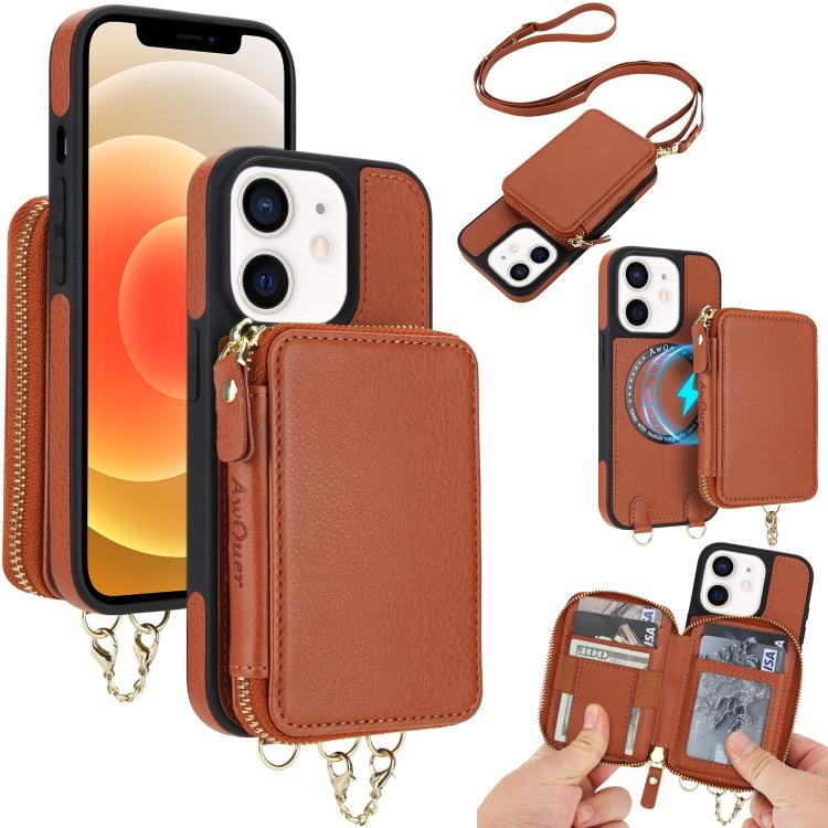 Cartera bandolera 2 en 1 con cremallera y funda trasera de cuero para teléfono AwQuer, For iPhone 12 / 12 Pro, For iPhone 12 Pro Max