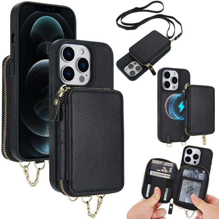 Cartera bandolera 2 en 1 con cremallera y funda trasera de cuero para teléfono AwQuer, For iPhone 12 / 12 Pro, For iPhone 12 Pro Max