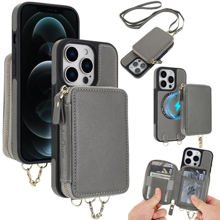 Cartera bandolera 2 en 1 con cremallera y funda trasera de cuero para teléfono AwQuer, For iPhone 12 / 12 Pro, For iPhone 12 Pro Max