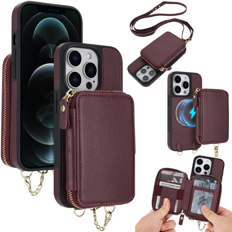 Cartera bandolera 2 en 1 con cremallera y funda trasera de cuero para teléfono AwQuer, For iPhone 12 / 12 Pro, For iPhone 12 Pro Max