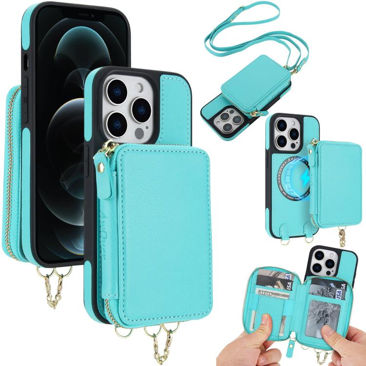Cartera bandolera 2 en 1 con cremallera y funda trasera de cuero para teléfono AwQuer, For iPhone 12 / 12 Pro, For iPhone 12 Pro Max