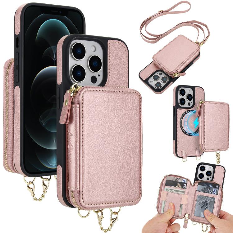 Cartera bandolera 2 en 1 con cremallera y funda trasera de cuero para teléfono AwQuer, For iPhone 12 / 12 Pro, For iPhone 12 Pro Max