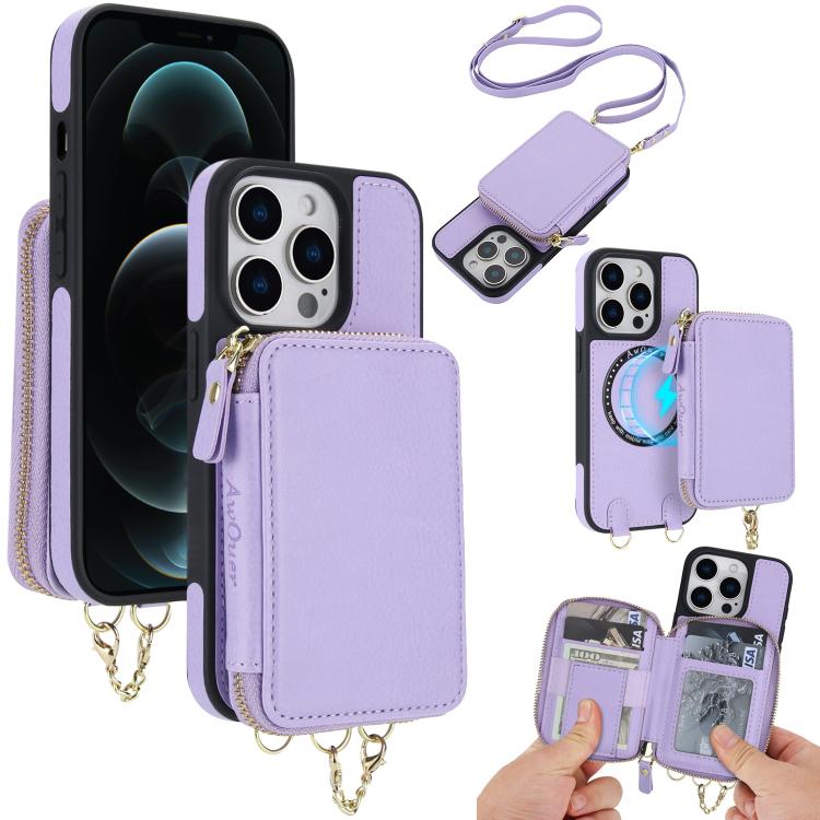 Cartera bandolera 2 en 1 con cremallera y funda trasera de cuero para teléfono AwQuer, For iPhone 12 / 12 Pro, For iPhone 12 Pro Max