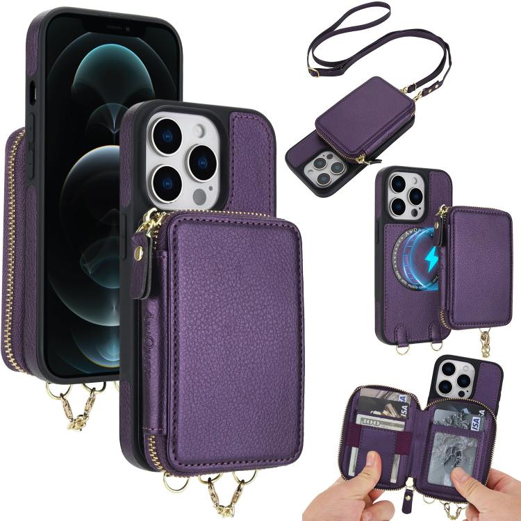 Cartera bandolera 2 en 1 con cremallera y funda trasera de cuero para teléfono AwQuer, For iPhone 12 / 12 Pro, For iPhone 12 Pro Max