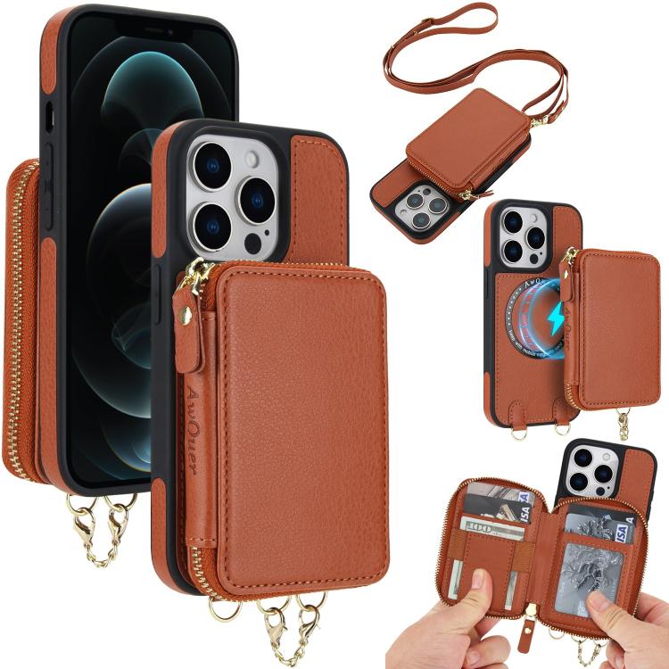 Cartera bandolera 2 en 1 con cremallera y funda trasera de cuero para teléfono AwQuer, For iPhone 12 / 12 Pro, For iPhone 12 Pro Max