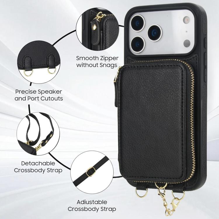 Cartera bandolera 2 en 1 con cremallera y funda trasera de cuero para teléfono AwQuer, For iPhone 17 Pro Max, For iPhone 17 Pro, For iPhone 17, For iPhone Air, For iPhone 16 Pro Max, For iPhone 16 Pro