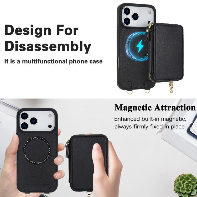Cartera bandolera 2 en 1 con cremallera y funda trasera de cuero para teléfono AwQuer, For iPhone 17 Pro Max, For iPhone 17 Pro, For iPhone 17, For iPhone Air, For iPhone 16 Pro Max, For iPhone 16 Pro