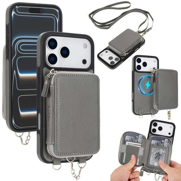 Cartera bandolera 2 en 1 con cremallera y funda trasera de cuero para teléfono AwQuer, For iPhone 17 Pro Max, For iPhone 17 Pro, For iPhone 17, For iPhone Air, For iPhone 16 Pro Max, For iPhone 16 Pro