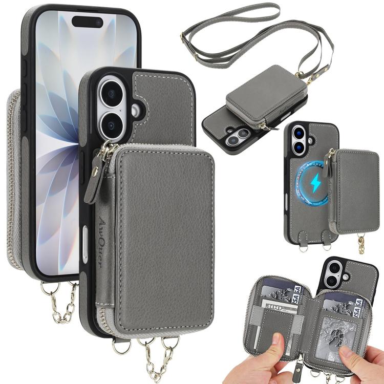 Cartera bandolera 2 en 1 con cremallera y funda trasera de cuero para teléfono AwQuer, For iPhone 17 Pro Max, For iPhone 17 Pro, For iPhone 17, For iPhone Air, For iPhone 16 Pro Max, For iPhone 16 Pro